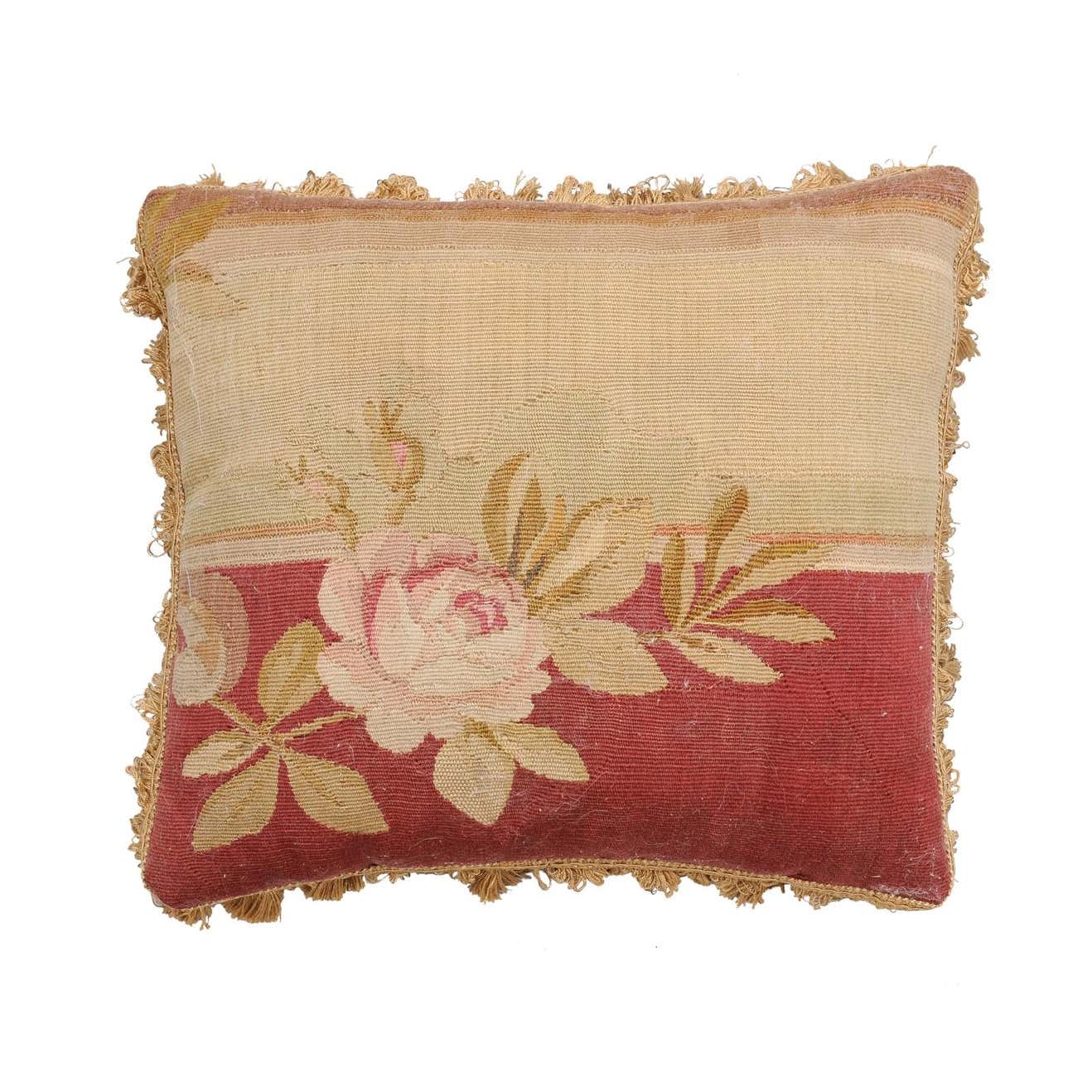 French 19th Century Aubusson Tapestry Pillow with Rose, Foliage and Tassels