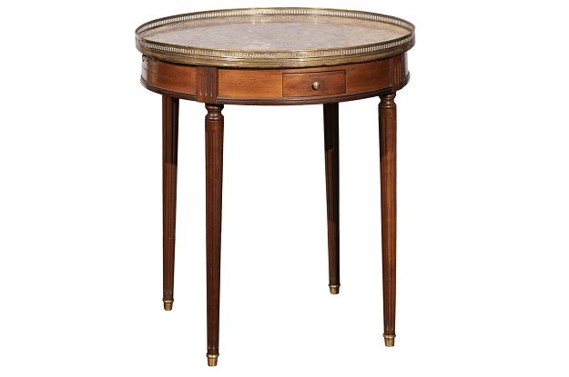 French Louis XVI Style 1890s Bouillotte Table with Marble Top and Brass Gallery