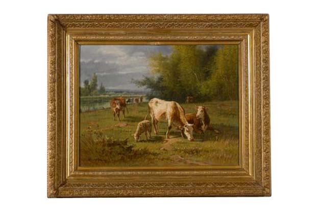 French Barbizon Oil Painting of Cattle Herd by Pablo Martinez del Rio, 1870s