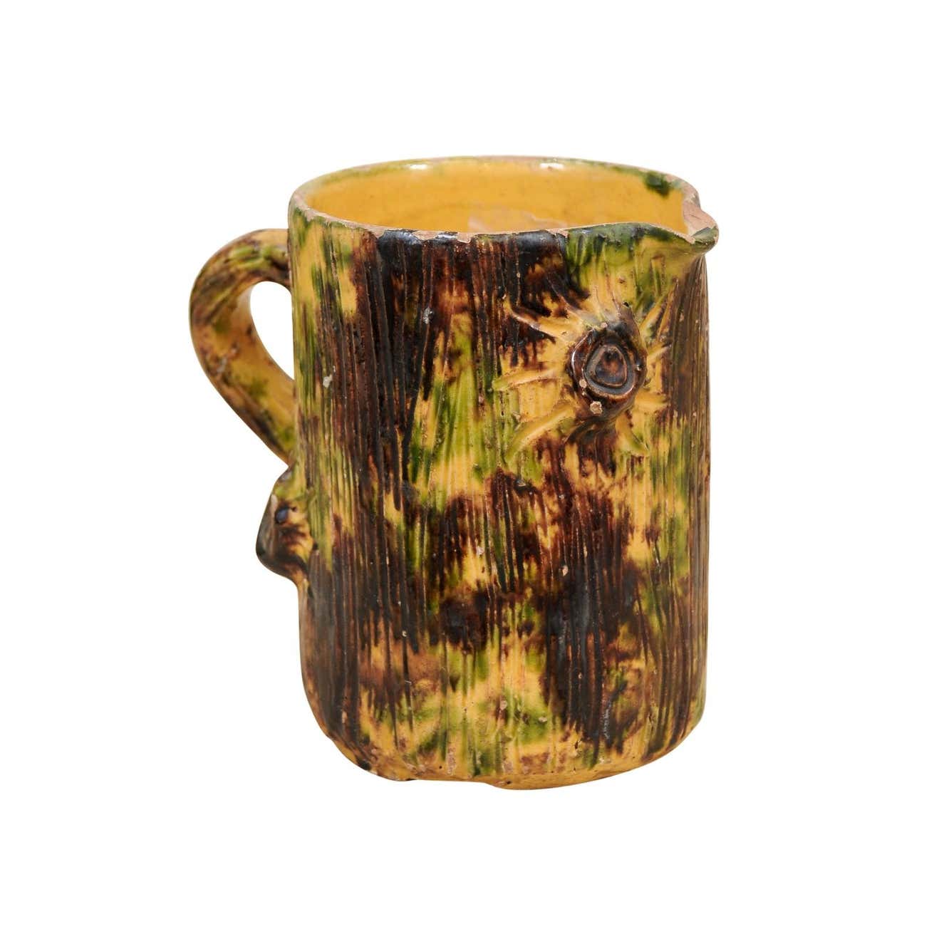 SOLD - French Brown Glazed Pottery Pitcher with Yellow and Green Textured Accents
