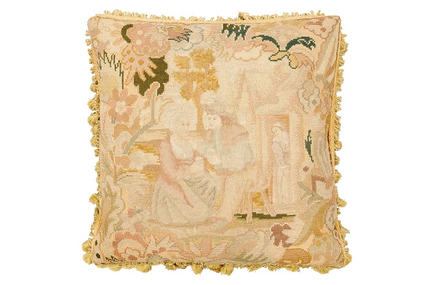 French 19th Century Needlepoint Tapestry Pillow Depicting a Man Courting a Woman