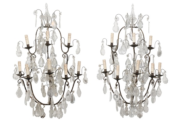 ON HOLD - Pair of French 19th Century Crystal Eight-Light Wall Sconces with Iron Armature