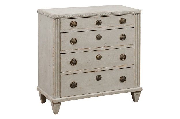 Swedish Gustavian Style 1890s Painted Chest with Carved Garland and Four Drawers -- LiL