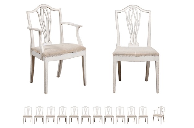 SOLD - 14 Swedish 1910s Painted Dining Chairs with Carved Splats and Tapered Legs - 8 sides at DLW