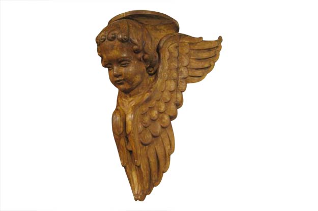 Pair of French 19th Century Wooden Wall Brackets with Carved Cherubs