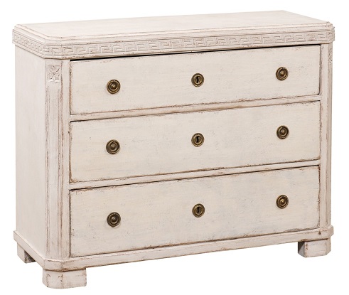 ON HOLD - Swedish Gustavian Style 1860s Painted Three-Drawer Chest with Greek Key Frieze