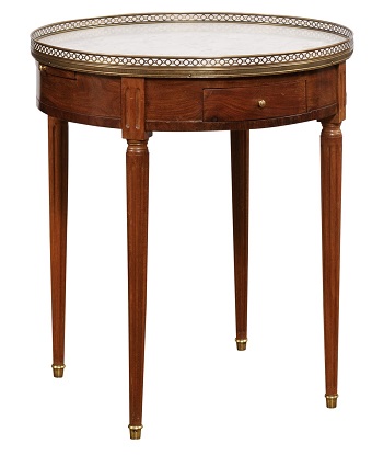 SOLD - French Louis XVI Style Bouillotte Table with White Marble Top and Brass Gallery
