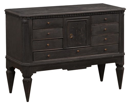 ON HOLD - Swedish 1855s Black Painted Chest with Central Door and Seven Drawers