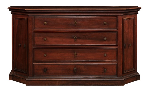 ON HOLD -- R1R:  Italian 17th Century Walnut Dresser with Four Drawers and Canted Lateral Doors - Pair Available