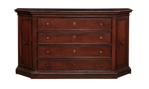 ON HOLD -- R1R:  Italian 17th Century Walnut Dresser with Four Drawers and Canted Side Doors DLW