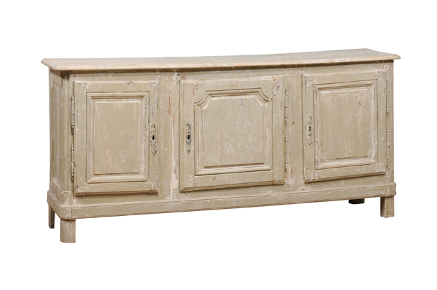 ON HOLD - 19th Century French Grey Beige Painted Three-Door Enfilade with Rustic Character DLW