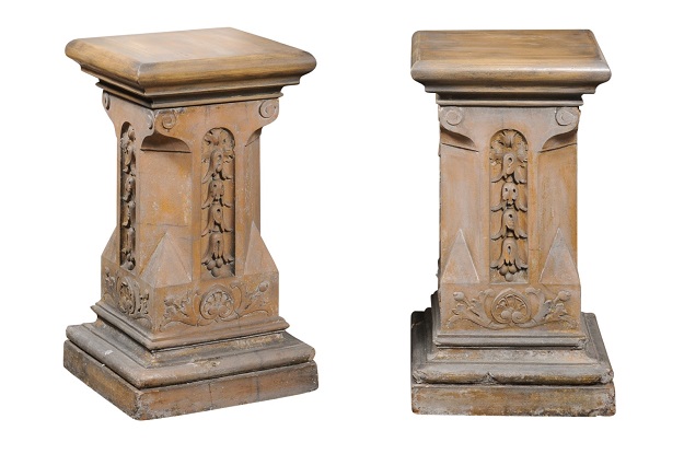 SOLD - Pair of English Victorian 1870s Terracotta Pedestals with Campanula Motifs 
