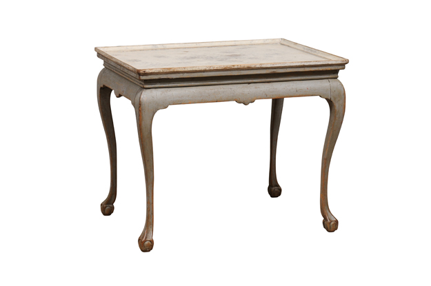 1750s Swedish Rococo Gray Painted Tea Table with Tray Top and Ball and Claw Feet -- LiL