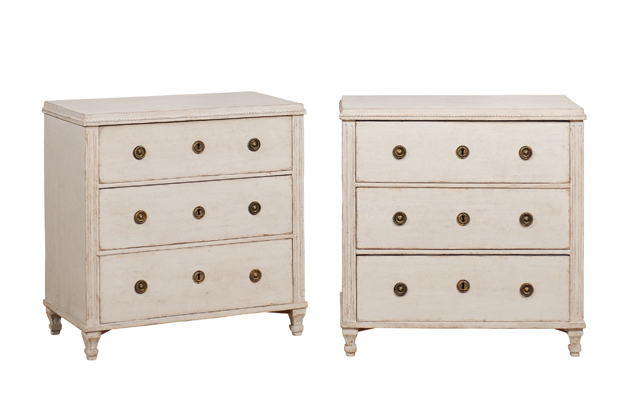 SOLD - Swedish Gustavian Style 1880s Gray Beige Painted Three-Drawer Chests, a Pair DLW