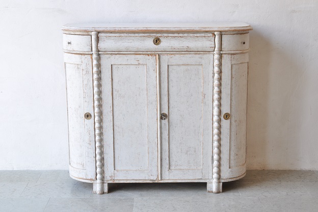 SOLD:  Swedish 1850s Distressed Light Gray Painted Sideboard with Rounded Corners 