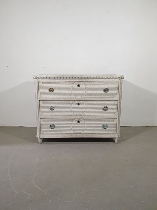 ON HOLD - Swedish Gustavian Style Gray Painted Three-Drawer Chest with Carved Panels DLW
