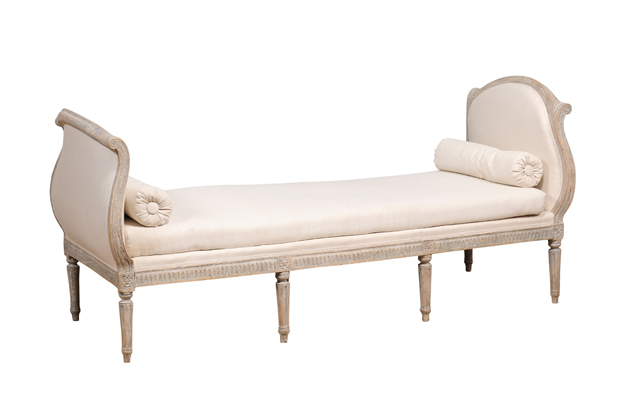 SOLD - 18th Century Gustavian Swedish Grey Daybed with Carved Rosettes and Fluted Legs