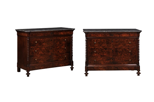 ON HOLD - Italian 1830s Burl Walnut Commodes from Lombardi with Gray Marble Tops, a Pair