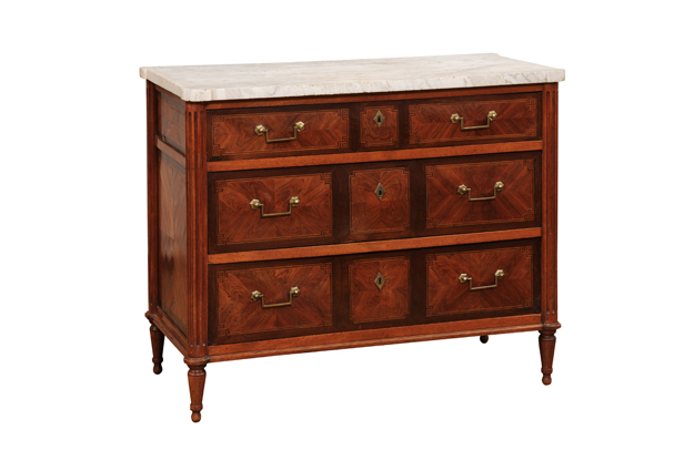SOLD - French 18th Century Mahogany and Rosewood Three Drawer Commode with Marble Top