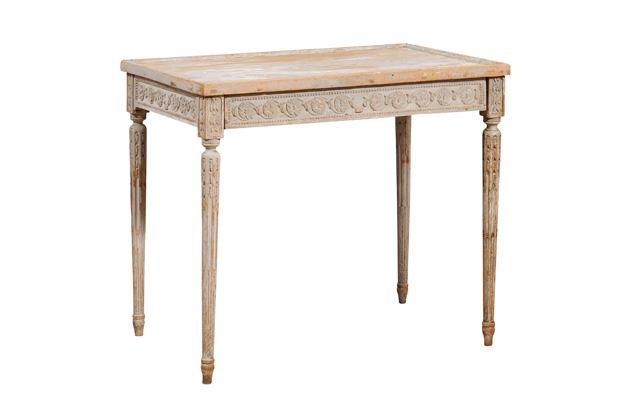 ON HOLD - French Louis XVI Style 1890s Cream Painted Desk with Scrollwork Carved Apron
