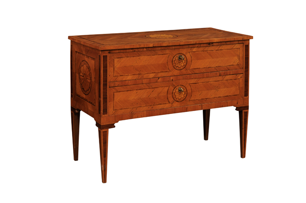 SOLD - Italian Walnut and Mahogany Two-Drawer Commode with Marquetry, circa 1900