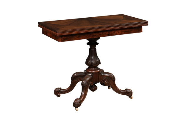 Victorian English Walnut and Mahogany Fold-Over Game Table with Bookmatched Top