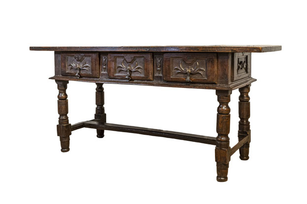 Spanish Baroque 17th Century Walnut Table with Carved Drawers and Turned Legs DLW