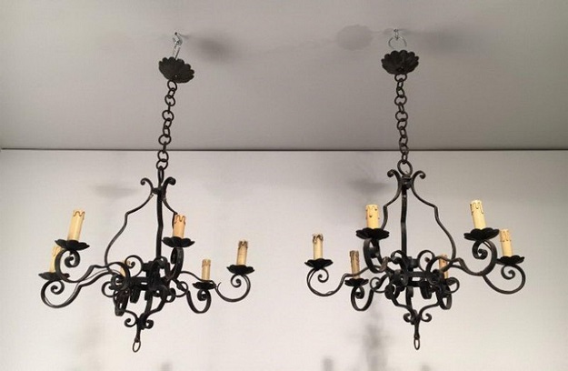 Pair of 20th Century French Wrought Iron Chandeliers