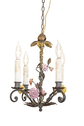 French Four-Light Chandelier with Hand-Painted Porcelain Roses and Foliage