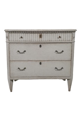 Swedish Gustavian Style 1860s Gray Painted Three-Drawer Chest with Carved Drawer -- LiL