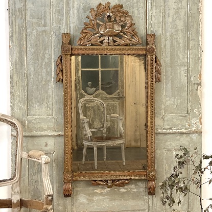 French 1790s Louis XVI Giltwood Wall Mirror with Carved Gardening Crest