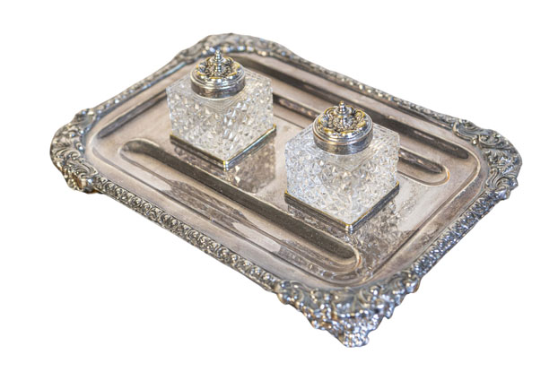English Victorian Period 1890s Stamped Silver Inkstand with Crystal Inkwells