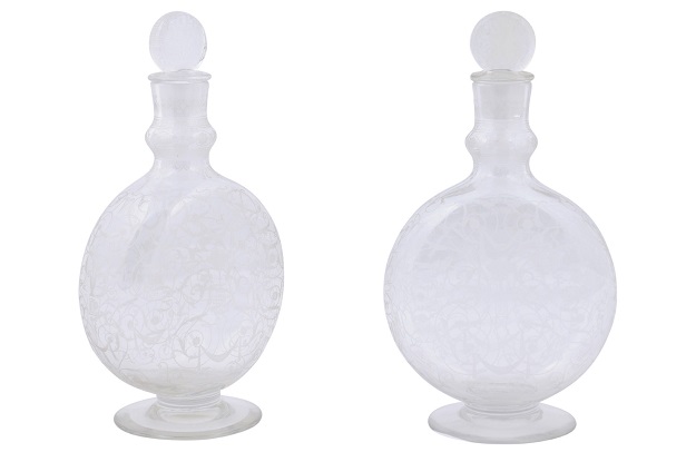 Pair of French Louis-Philippe 1830s Baccarat Crystal Carafes with Etched Decor