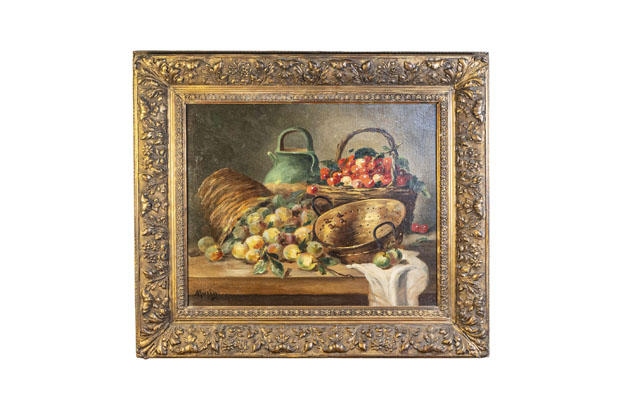 French Framed Oil on Canvas Still-Life Painting Signed Morin, Depicting Fruits