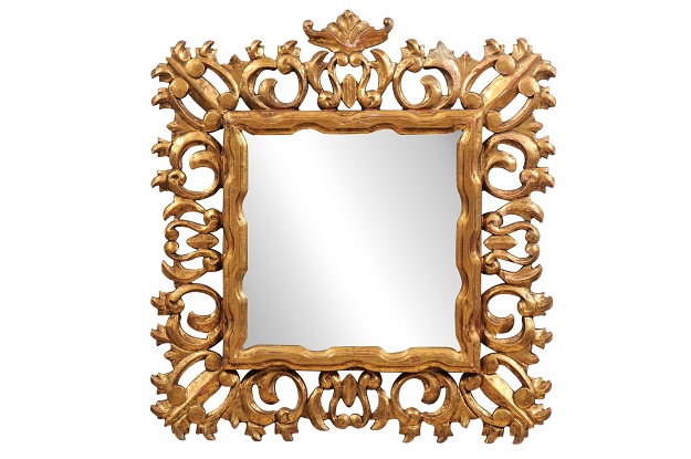 ON HOLD:  Florentine 20th Century Carved Giltwood Mirror with C-Scrolls and Foliage Motifs