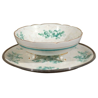 French Limoges Porcelain Bowl with Green Bouquet of Roses and Underplate