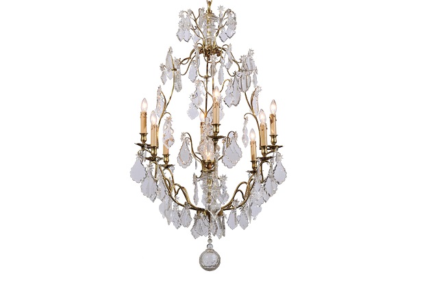 French Eight Light Crystal Chandelier with Gilt Metal Armature and Pendeloques