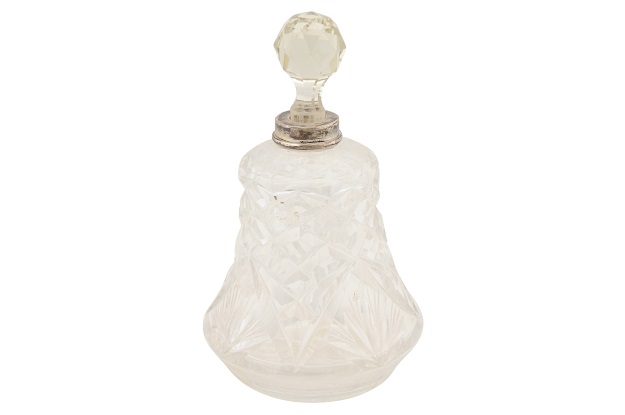 Small French 1920s Crystal Toiletry Bottle with Silver Neck and Diamond Motifs