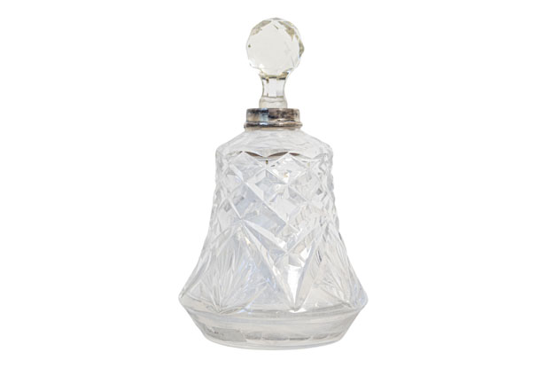 Small French 1920s Crystal Toiletry Bottle with Silver Neck and Diamond Motifs