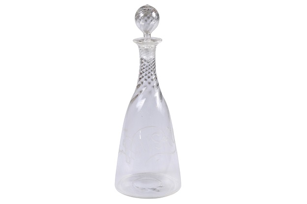 English Crystal Decanter with Stopper and Twisted Accents and Whisky Etching