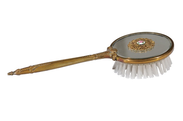 English Mirrored Hair Brush with Brass Finish, Filigree Décor and Medallion