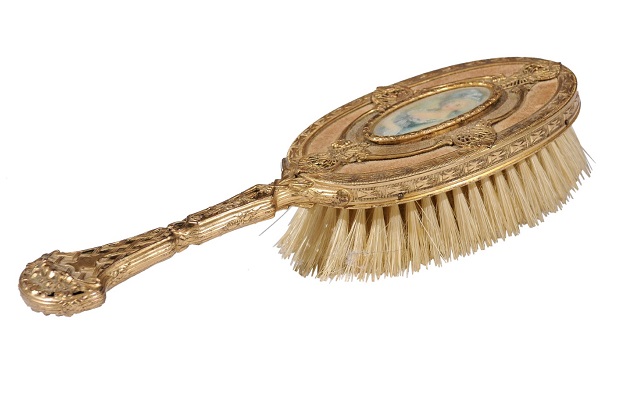 Turn of the Century French Brass Filigree Horsehair Brush with Painted Portrait