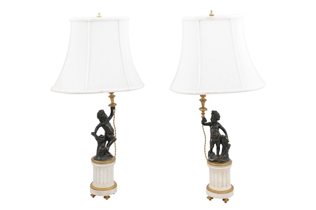 Pair of French 19th Century Neoclassical Style Marble and Bronze Putti Lamps
