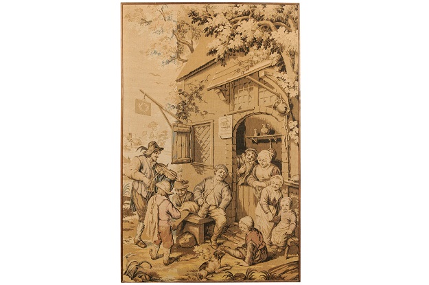Lively French 19th Century Vertical Format Tapestry Depicting a Village Fête