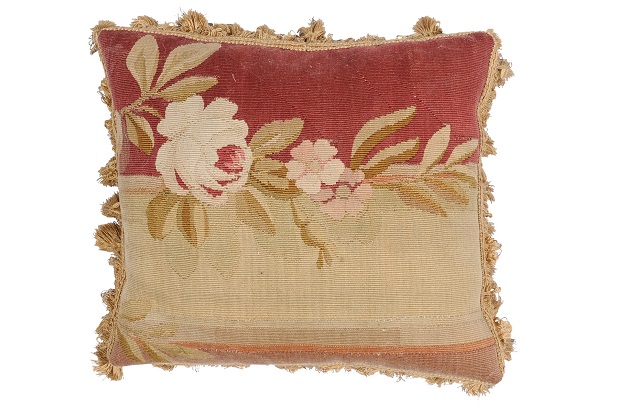 French 19th Century Aubusson Tapestry Pillow with Rose and Tassels