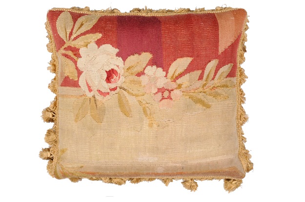 19th Century French Aubusson Tapestry Pillow with Roses and Tassels