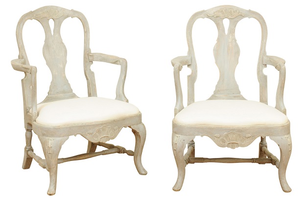 Pair of Swedish Rococo Style 1890s Painted Wood Armchairs with New Upholstery