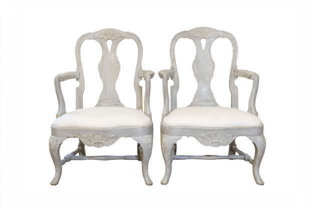Pair of Swedish Rococo Style 1890s Painted Wood Armchairs