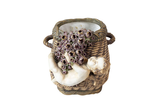 French Painted Terracotta Wicker Basket Vase with Cherub Swinging from Roses