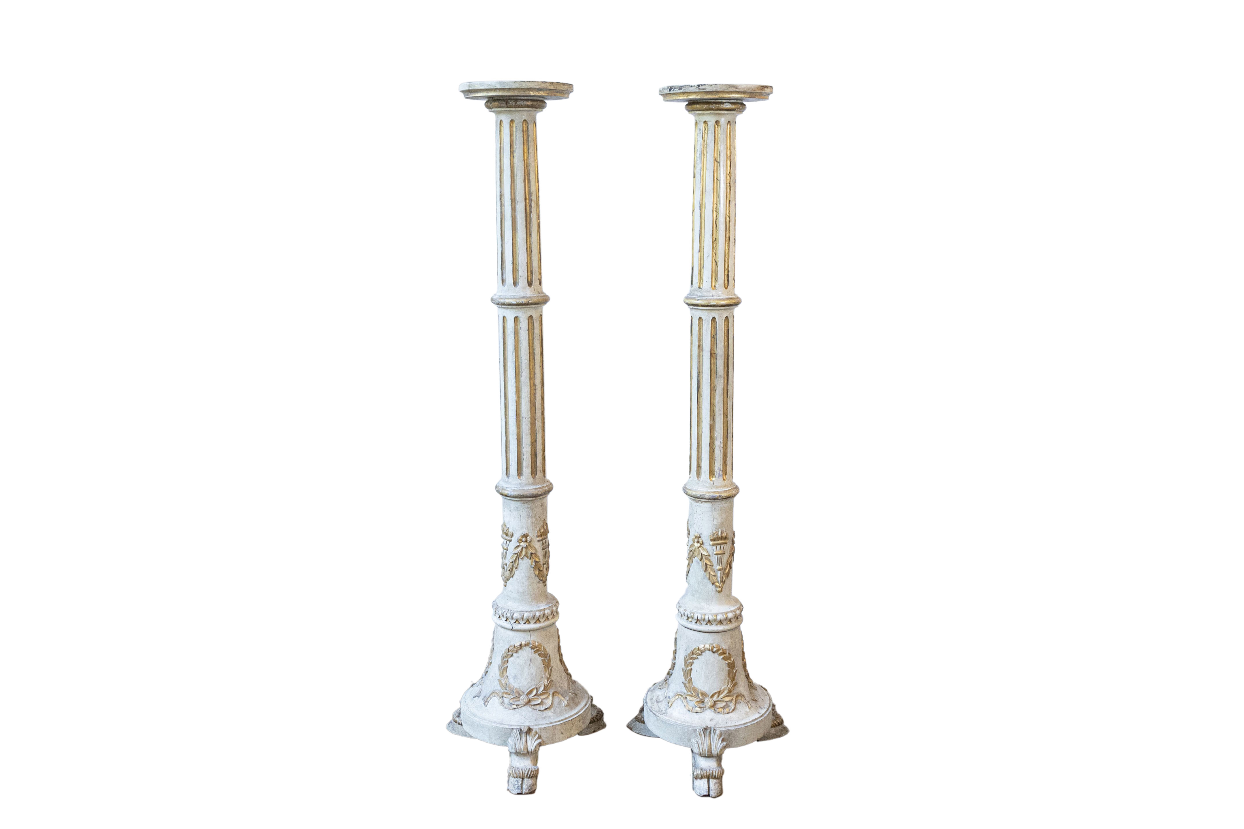 Pair of Tall French Napoléon III 1860s Candlesticks with Carved Gilt Motifs